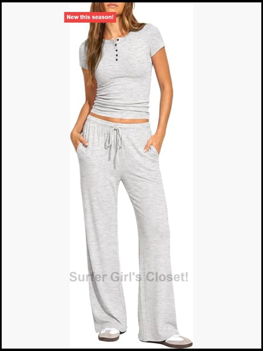 2 Piece Matching Lounge Set Short Sleeve Henley Shirt Wide Leg Pants Summer